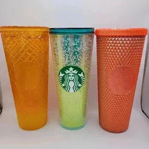 Lot of 3 Starbucks Tumblers! Mango Ombre, Green Small Bubbles Glozy Orange